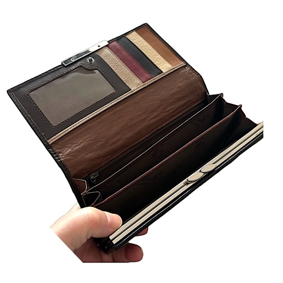 TEMANLI Patent Leather Bifold Wallet Brown Logo Snake Print - Picture 6 of 8